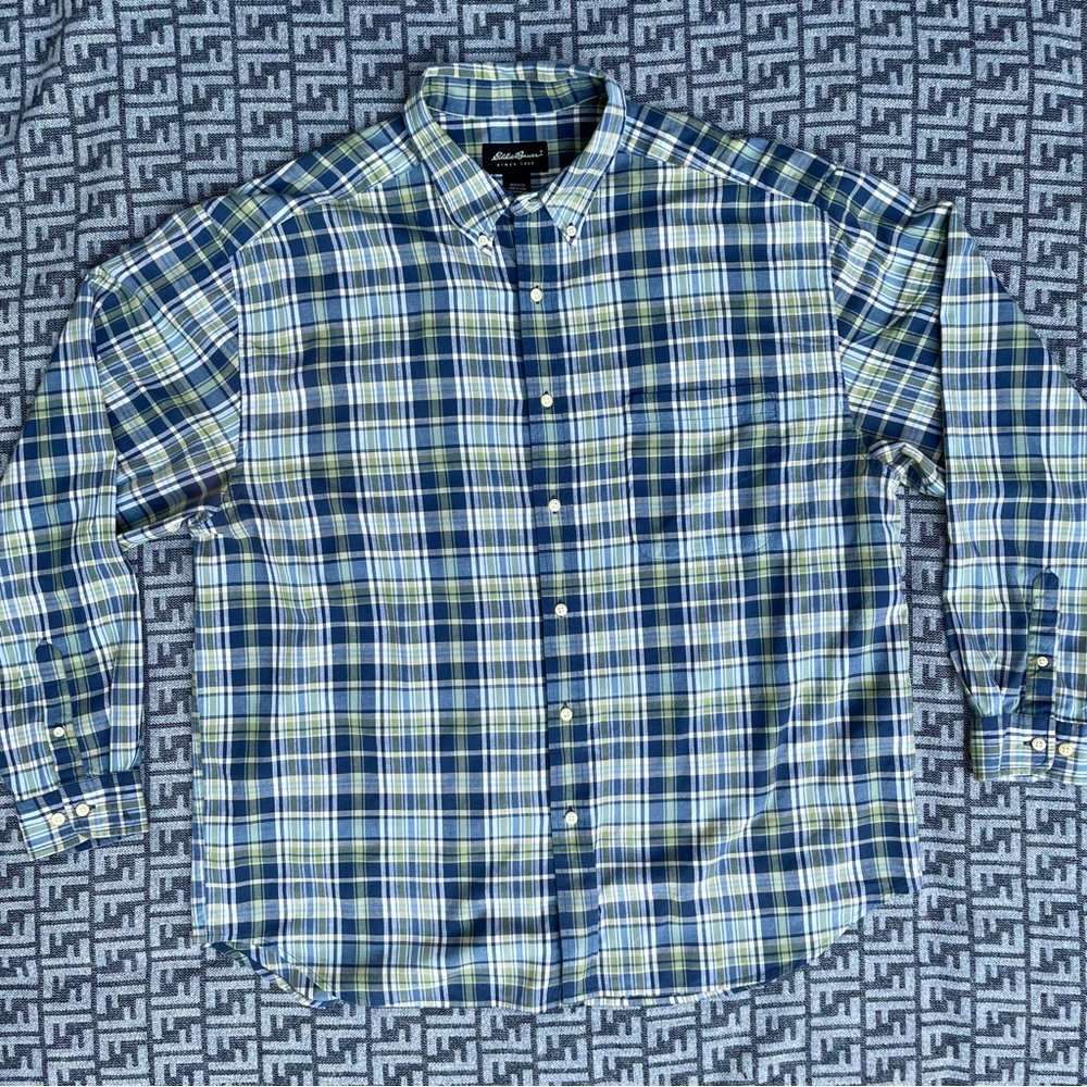 EDDIE BAUER Long Sleeve Button Down Shirt - Plaid - Blue & Green - XL